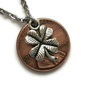 🍀 1990-1999 Lucky Penny 4 Leaf Clover Necklace 🍀 Stainless Steel Chain Unisex